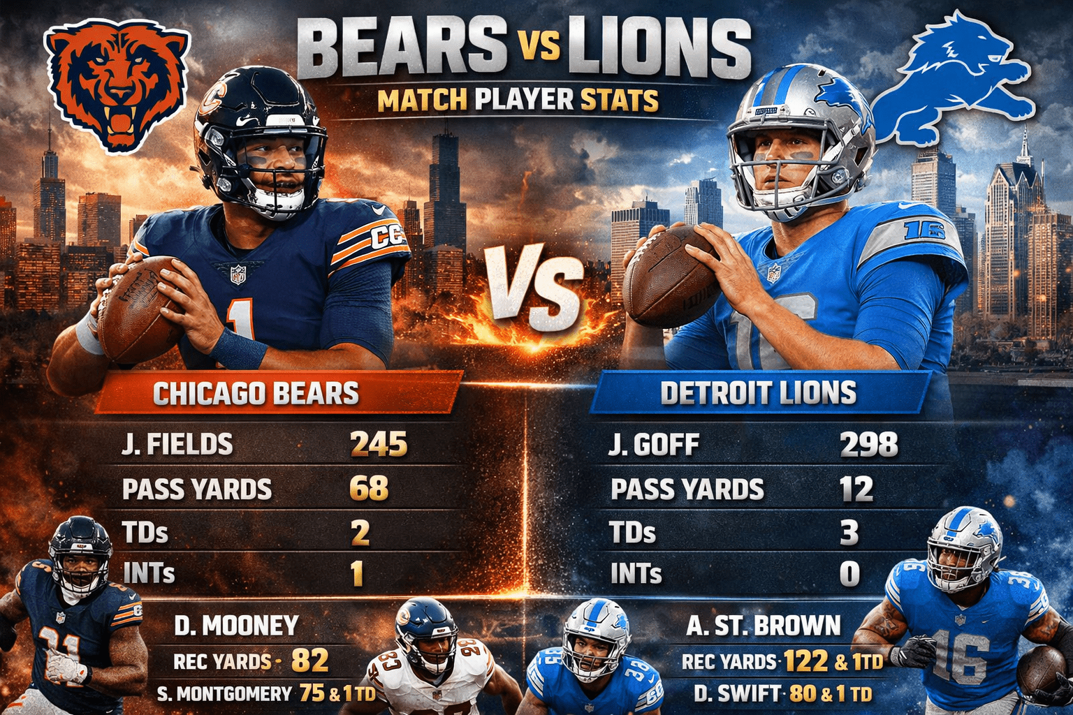 Chicago Bears vs Detroit Lions Match Player Stats