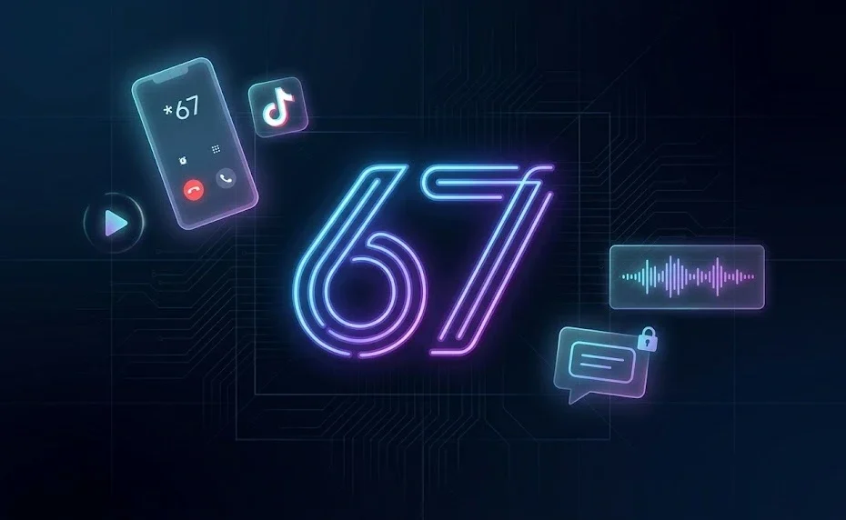 Neon glowing 67 meaning illustration with holographic smartphone showing star 67, music wave, and chat UI elements.