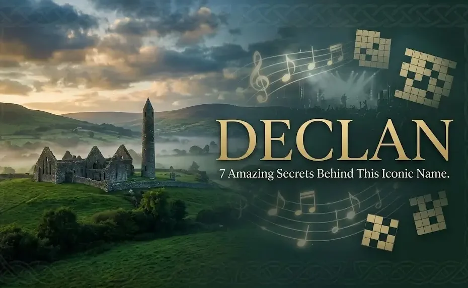 Declan meaning editorial banner showing Irish landscape, monastery, and golden text