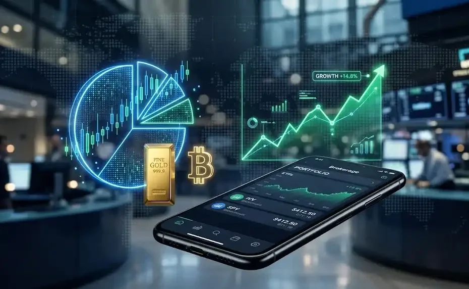 A visual illustration explaining ETF meaning through a modern 3D financial portfolio display with a pie chart, gold bar, Bitcoin symbol, and stock market growth graph above a smartphone app.