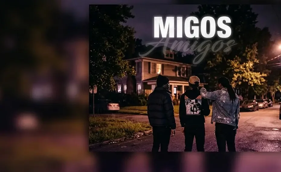 Silhouetted hip-hop group standing in front of an Atlanta house with glowing typography explaining the Migos meaning.